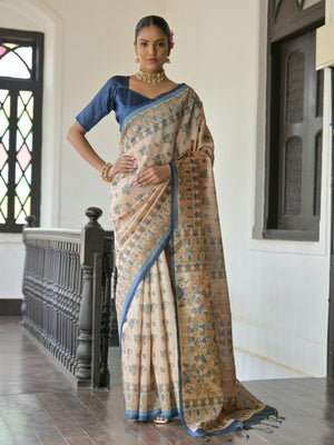 Rajwada Beige Silk Blend Printed Saree For Women