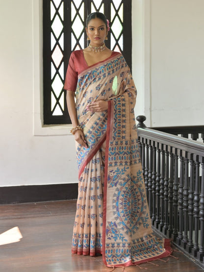 Rajwada Beige Silk Blend Printed Saree For Women