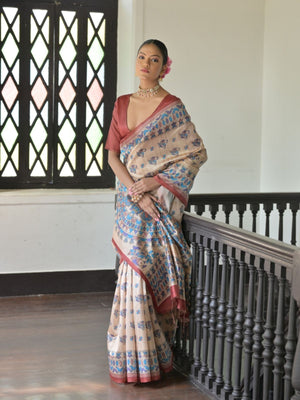Rajwada Beige Silk Blend Printed Saree For Women
