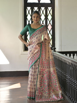 Rajwada Beige Silk Blend Printed Saree For Women