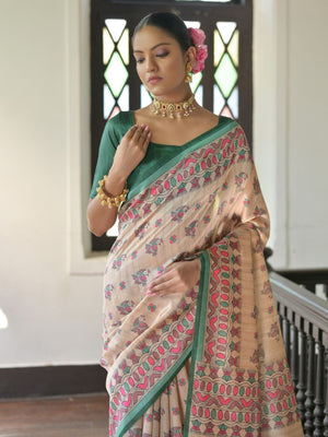 Rajwada Beige Silk Blend Printed Saree For Women