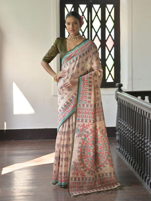 Rajwada Beige Silk Blend Printed Saree For Women