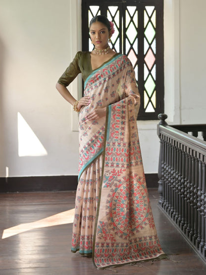 Rajwada Beige Silk Blend Printed Saree For Women