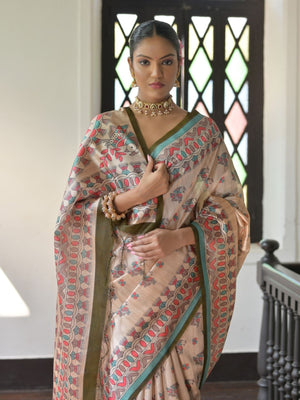 Rajwada Beige Silk Blend Printed Saree For Women