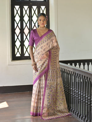 Rajwada Beige Silk Blend Printed Saree For Women