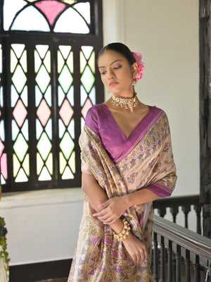 Rajwada Beige Silk Blend Printed Saree For Women