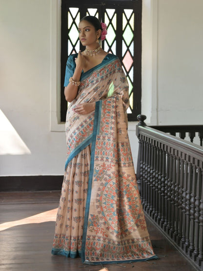 Rajwada Beige Silk Blend Printed Saree For Women
