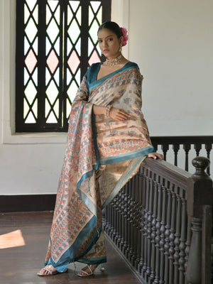 Rajwada Beige Silk Blend Printed Saree For Women