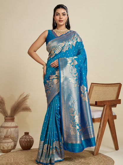 Rajwada Sky Blue Silk Blend Printed Saree For Women