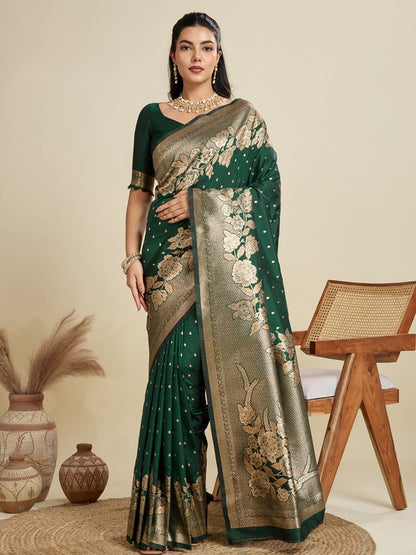 Rajwada Dark Green Silk Blend Printed Saree For Women