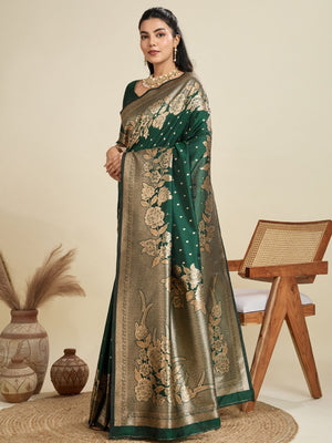 Rajwada Dark Green Silk Blend Printed Saree For Women