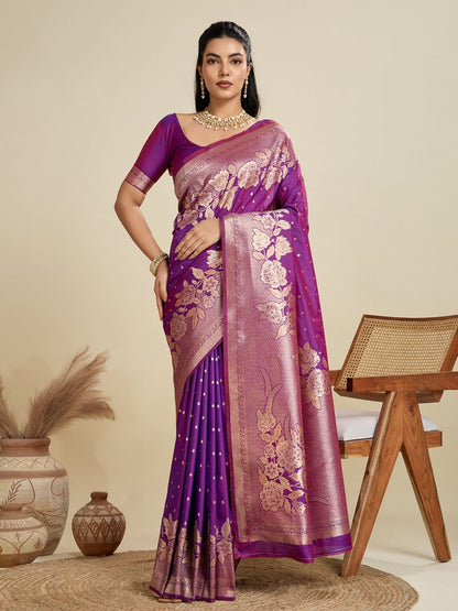 Rajwada Dark Magenta Silk Blend Printed Saree For Women