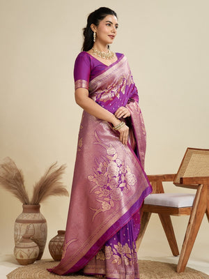 Rajwada Dark Magenta Silk Blend Printed Saree For Women