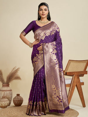 Rajwada Deep Purple Silk Blend Printed Saree For Women