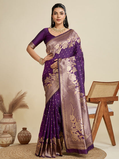 Rajwada Deep Purple Silk Blend Printed Saree For Women
