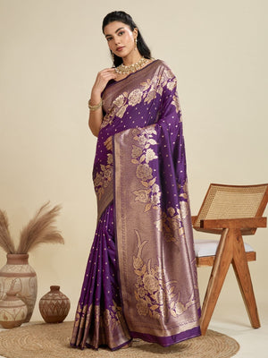 Rajwada Deep Purple Silk Blend Printed Saree For Women
