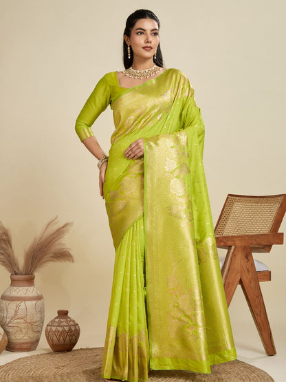 Rajwada Lime Green Silk Blend Printed Saree For Women