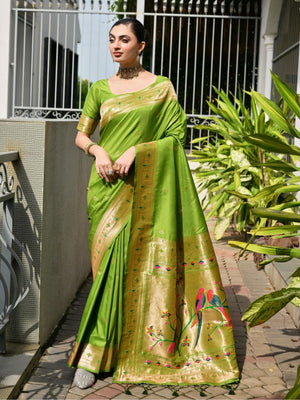 Rajwada Lime Green Silk Blend Embroidered Saree For Women