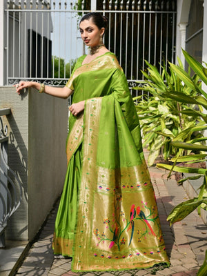 Rajwada Lime Green Silk Blend Embroidered Saree For Women