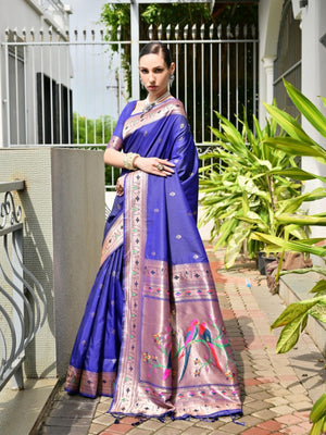 Rajwada Royal Blue Silk Blend Embroidered Saree For Women