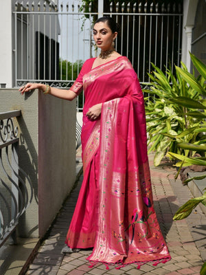 Rajwada Magenta Pink Silk Blend Embroidered Saree For Women