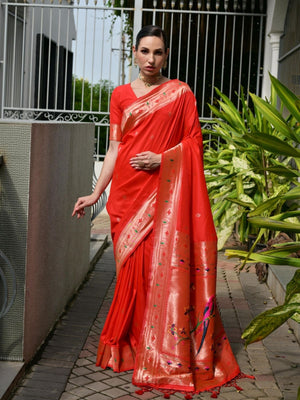 Rajwada Red Silk Blend Embroidered Saree For Women