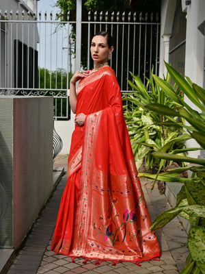 Rajwada Red Silk Blend Embroidered Saree For Women