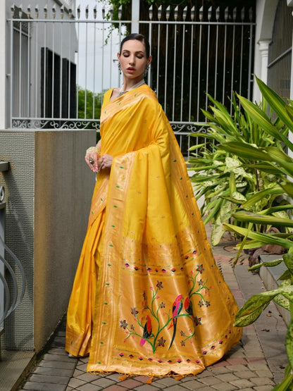 Rajwada Yellow Silk Blend Embroidered Saree For Women