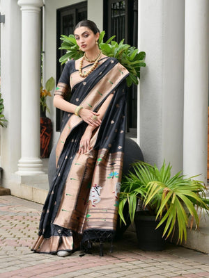 Rajwada Black Silk Blend Embroidered Saree For Women