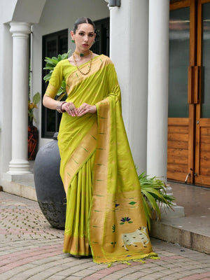 Rajwada Lime Green Silk Blend Embroidered Saree For Women