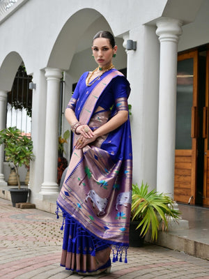 Rajwada Royal Blue Silk Blend Embroidered Saree For Women
