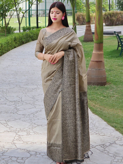 Rajwada Beige Silk Blend Printed Saree For Women
