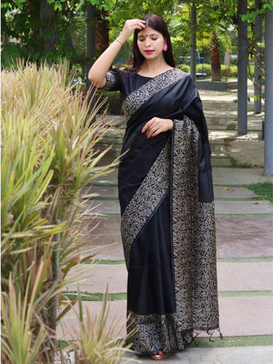 Rajwada Black Silk Blend Printed Saree For Women