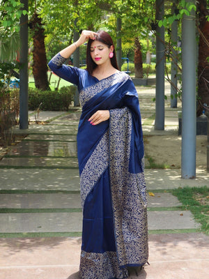 Rajwada Navy Blue Silk Blend Printed Saree For Women