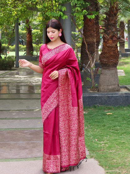 Rajwada Dark Pink Silk Blend Printed Saree For Women