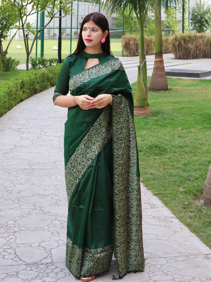 Rajwada Dark Green Silk Blend Printed Saree For Women