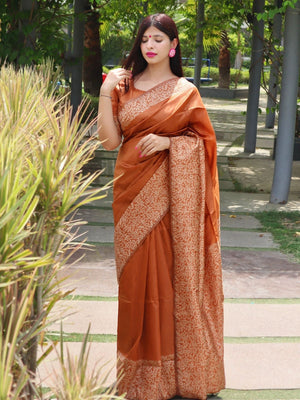 Rajwada Rust Orange Silk Blend Printed Saree For Women