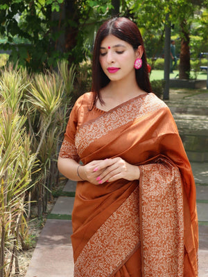 Rajwada Rust Orange Silk Blend Printed Saree For Women