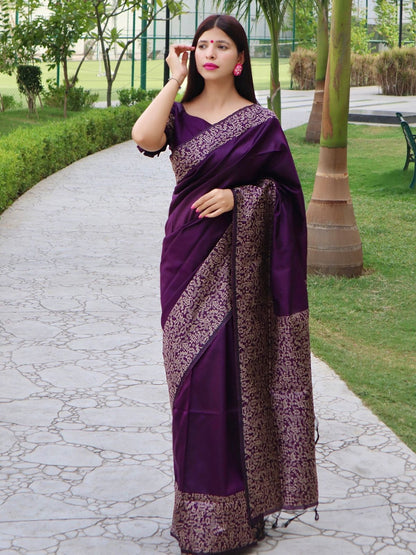 Rajwada Deep Purple Silk Blend Printed Saree For Women