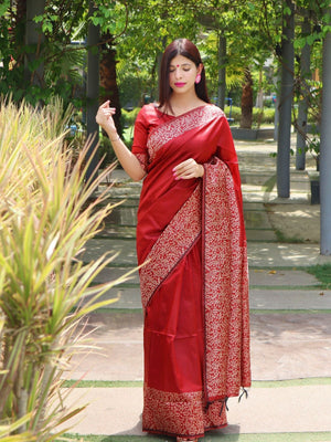 Rajwada Red Silk Blend Printed Saree For Women
