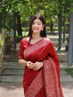 Rajwada Red Silk Blend Printed Saree For Women