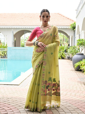 Rajwada Pista Green Cotton Blend Embroidered Saree For Women