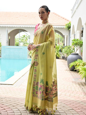 Rajwada Pista Green Cotton Blend Embroidered Saree For Women