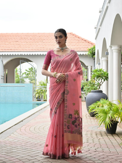 Rajwada Pastel Pink Cotton Blend Embroidered Saree For Women