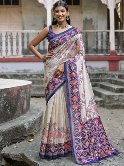 Rajwada Ivory And Navy Blue Silk Blend Printed Saree For Women