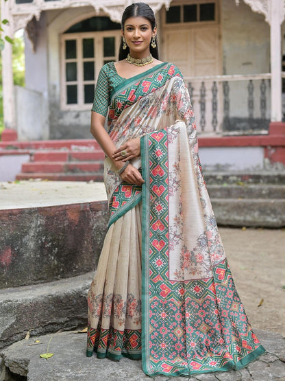 Rajwada Ivory And Dark Green Silk Blend Printed Saree For Women