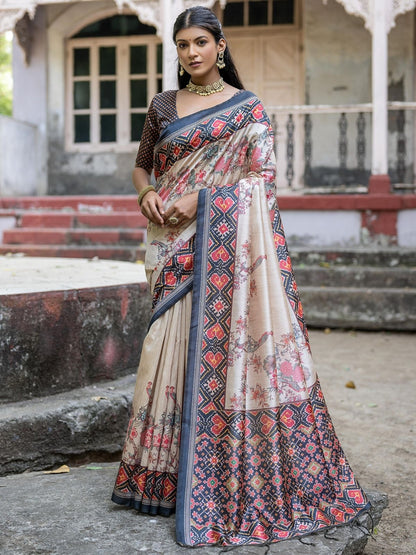 Rajwada Ivory And Grey Silk Blend Printed Saree For Women