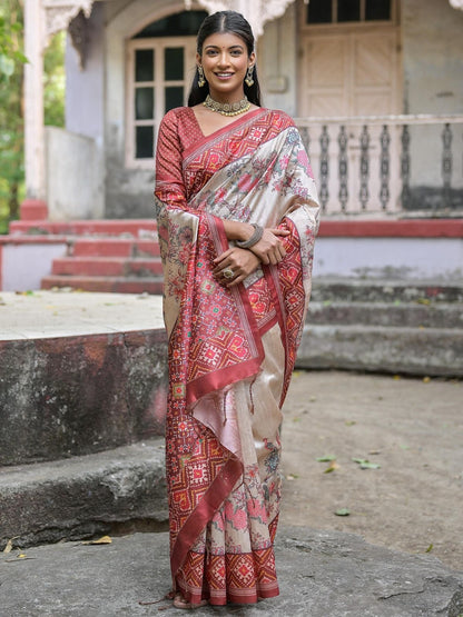Rajwada Ivory And Maroon Silk Blend Printed Saree For Women
