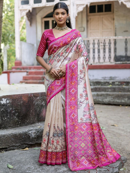 Rajwada Ivory And Pink Silk Blend Printed Saree For Women