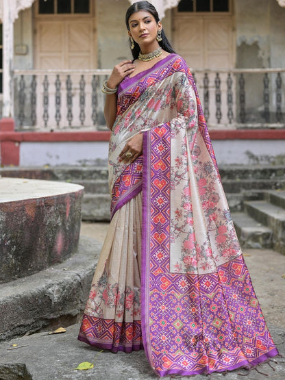 Rajwada Ivory And Purple Silk Blend Printed Saree For Women